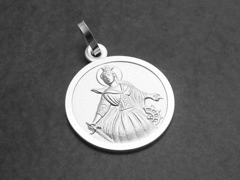 39822-0 Heilige Katharina Sterling Silber Anhänger mit detaillierter Darstellung der Heiligen Katharina, die ein Schwert und eine Palmette hält, hergestellt von Juwelier Harnisch, Schutzpatron.