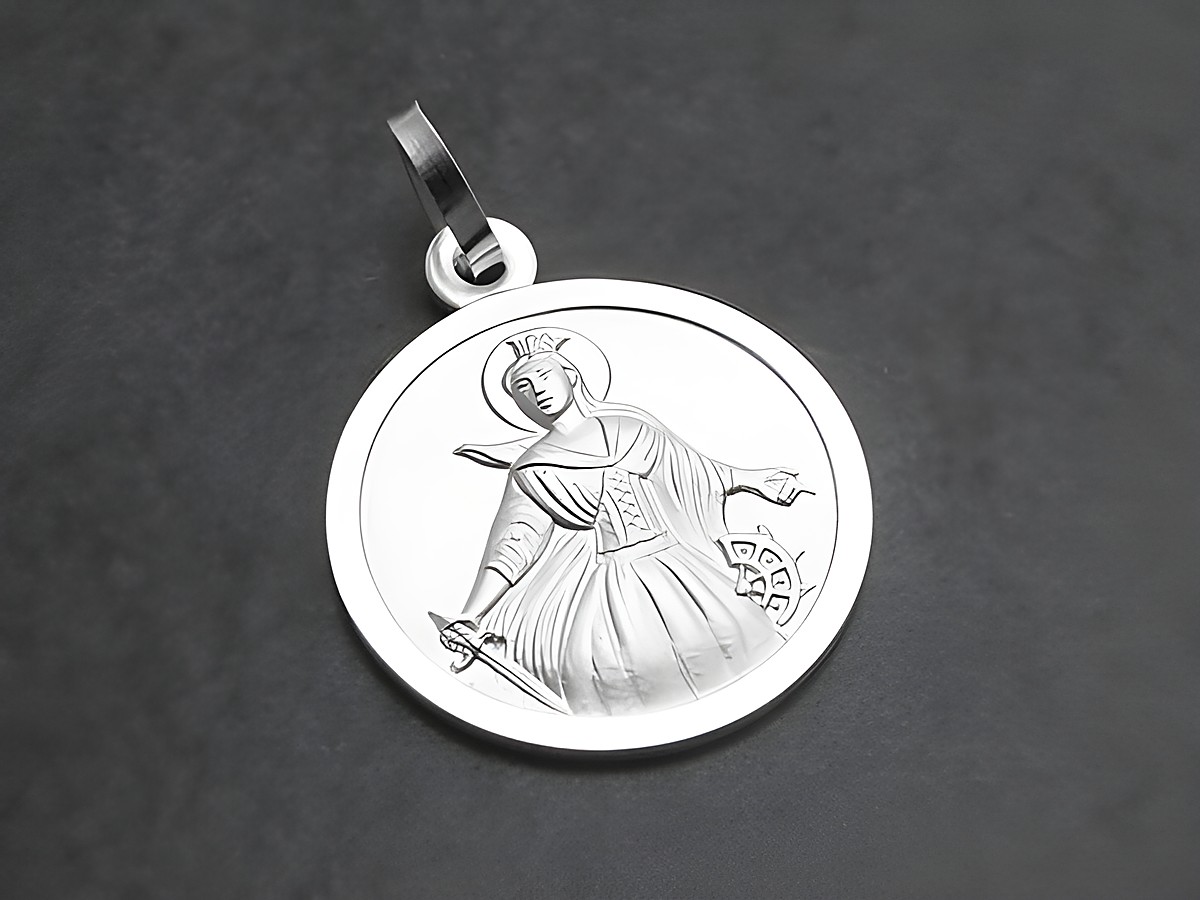Heilige Katharina Sterling Silber Anhänger mit detaillierter Darstellung der Heiligen Katharina, die ein Schwert und eine Palmette hält, hergestellt von Juwelier Harnisch, Schutzpatron.