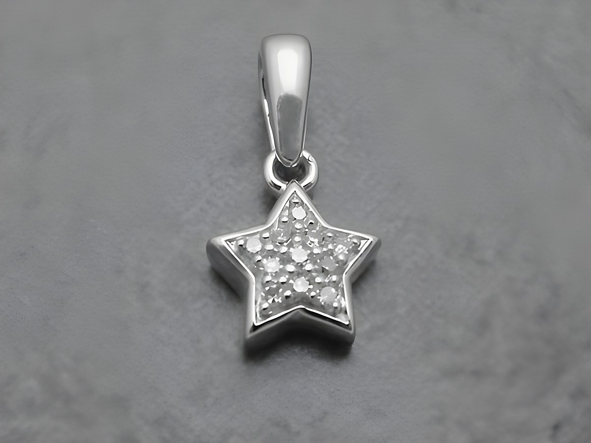 Bezaubernder Anhänger in Form eines Sterns aus rhodinierten Sterling Silber, verziert mit funkelnden Diamanten, Hersteller Juwelier Harnisch, ideal für das Thema Sonne Mond Sterne.