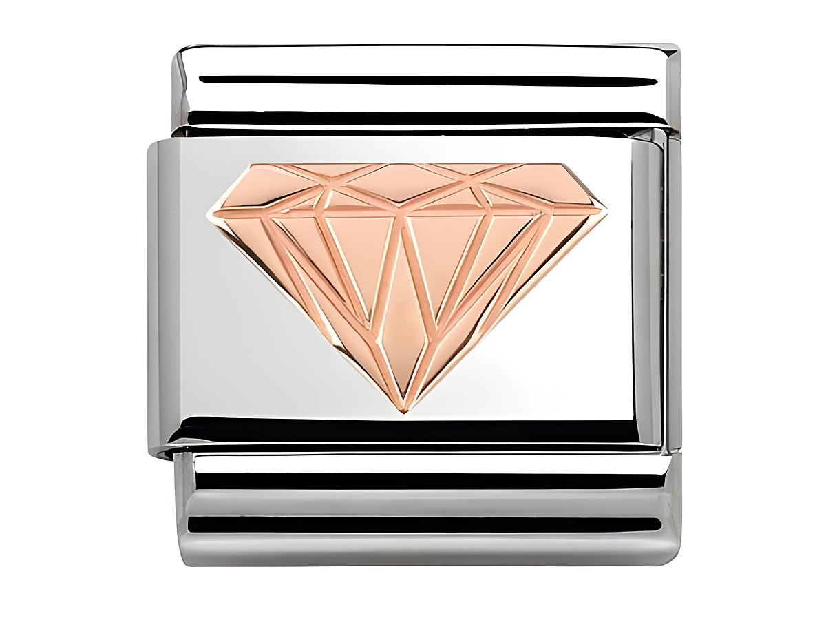 Classic Roségold Charm von Nomination mit einem Diamantmotiv auf der vorderen Fläche, stilvolles Design in Roségold und Silber für individuelle Armbänder.