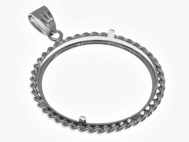 Münzfassung Anhänger mit Kordel aus 925 Sterling Silber rhodiniert, geeignet für bis zu 31 mm Münzen, Hersteller Juwelier Harnisch, elegantes Design.