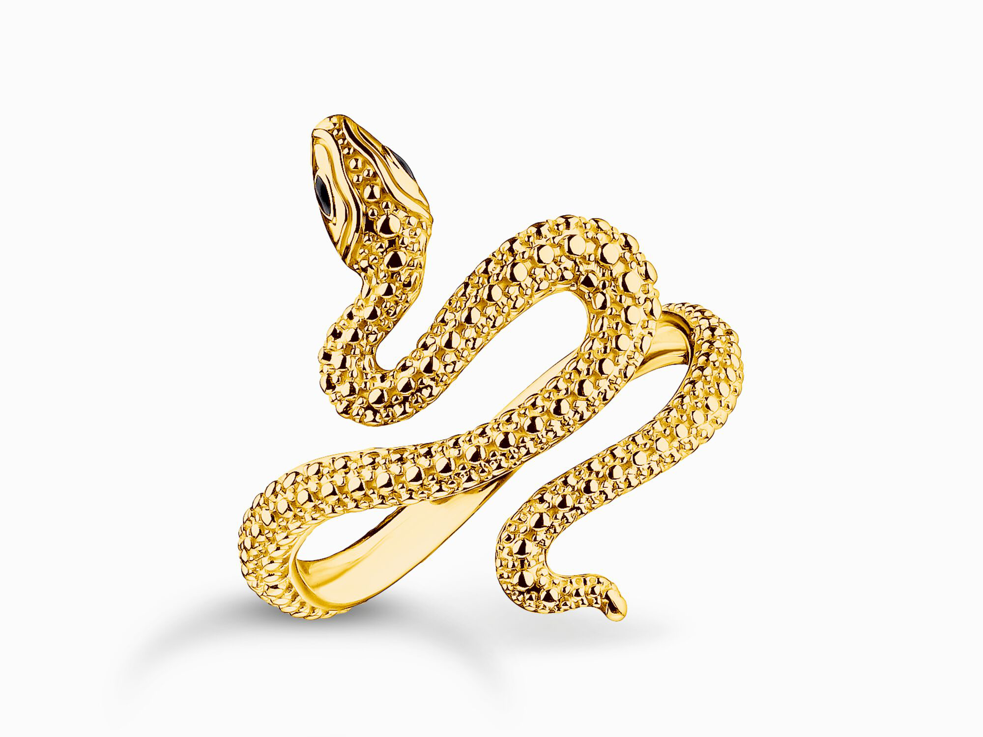 Schlangenförmiger Ring aus Silber mit 750er Vergoldung und Emaille, Modell True Romance von Thomas Sabo, Größe 48. Stilvolles Schmuckstück mit eleganter Textur und auffälligem Design.