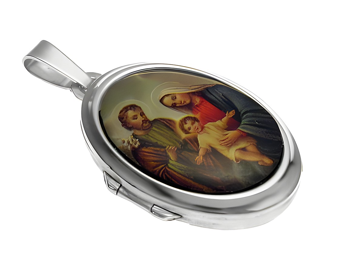 Jesus Eltern Medaillon Cabochon aus Weißgold 585, Hersteller Juwelier Harnisch, präsentiert eine feine Darstellung der Heiligen Familie in einem ovalen, glänzenden Rahmen.