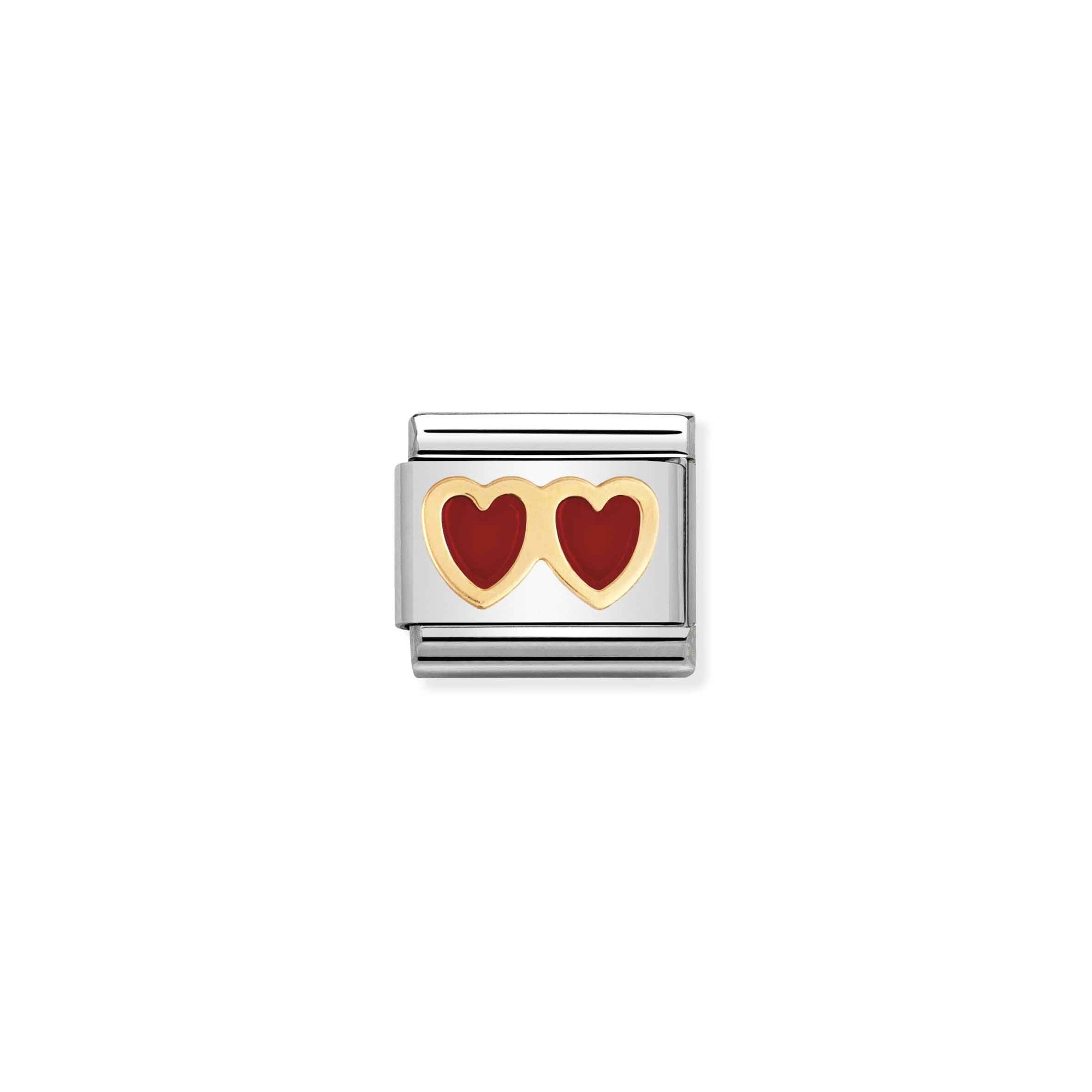 Nomination Composable Classic Charm Doppelherz rot - Edelstahl, Gold 750 Gelbgold, Emaille