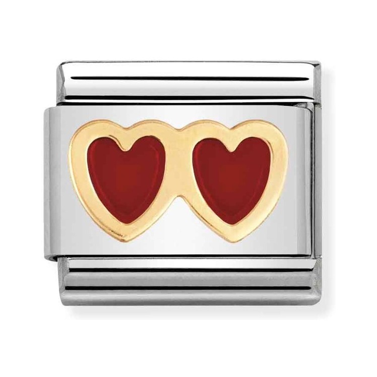 Nomination Composable Classic Charm Doppelherz rot - Edelstahl, Gold 750 Gelbgold, Emaille