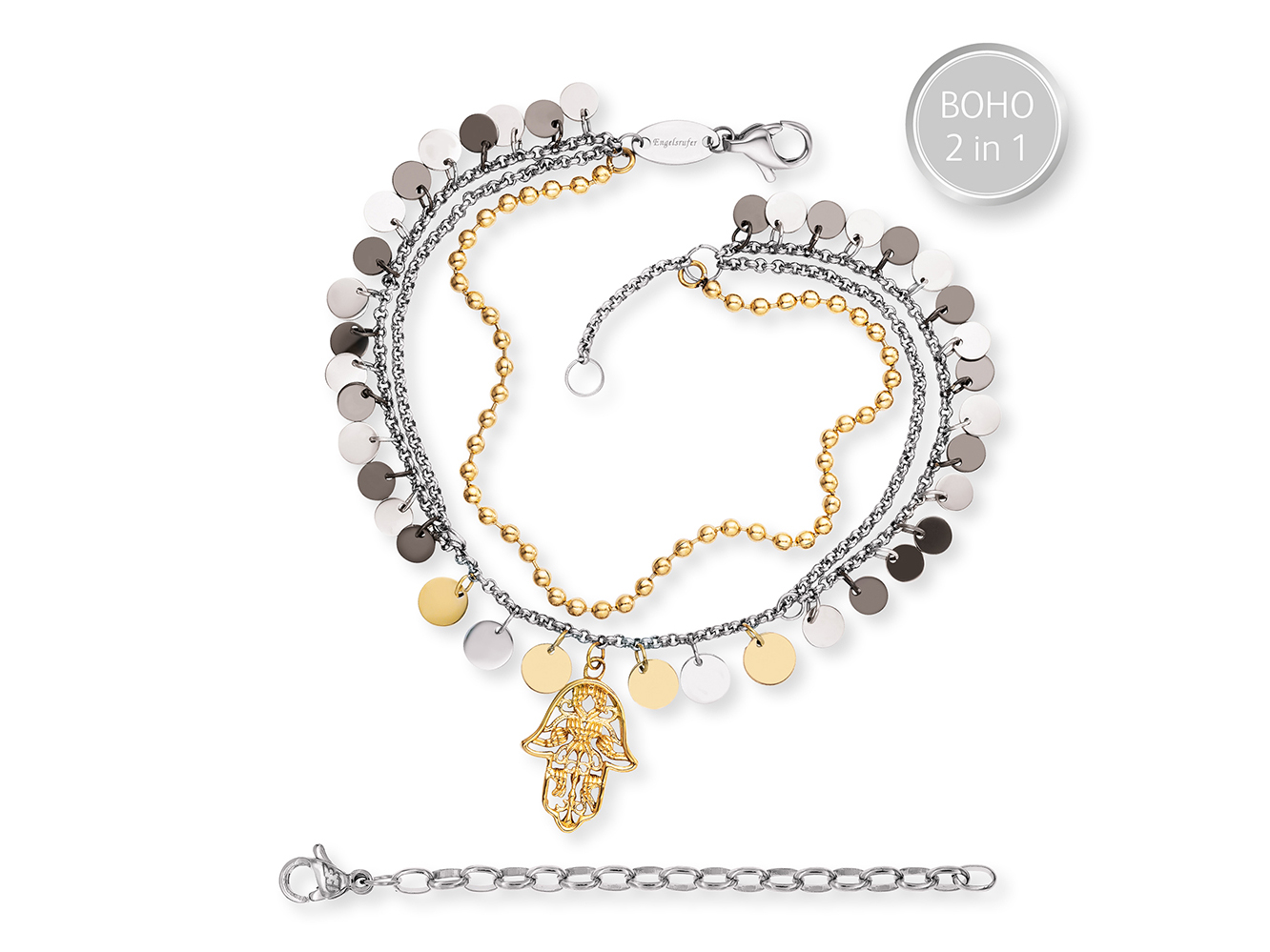 Engelsrufer ERBS-HAND-BI BOHO Armband Hand Fatimas Bicolor aus Edelstahl mit Anhänger, 17 cm lang, in einem eleganten Design mit charmanten, mehrfarbigen Elementen und feinen Details.