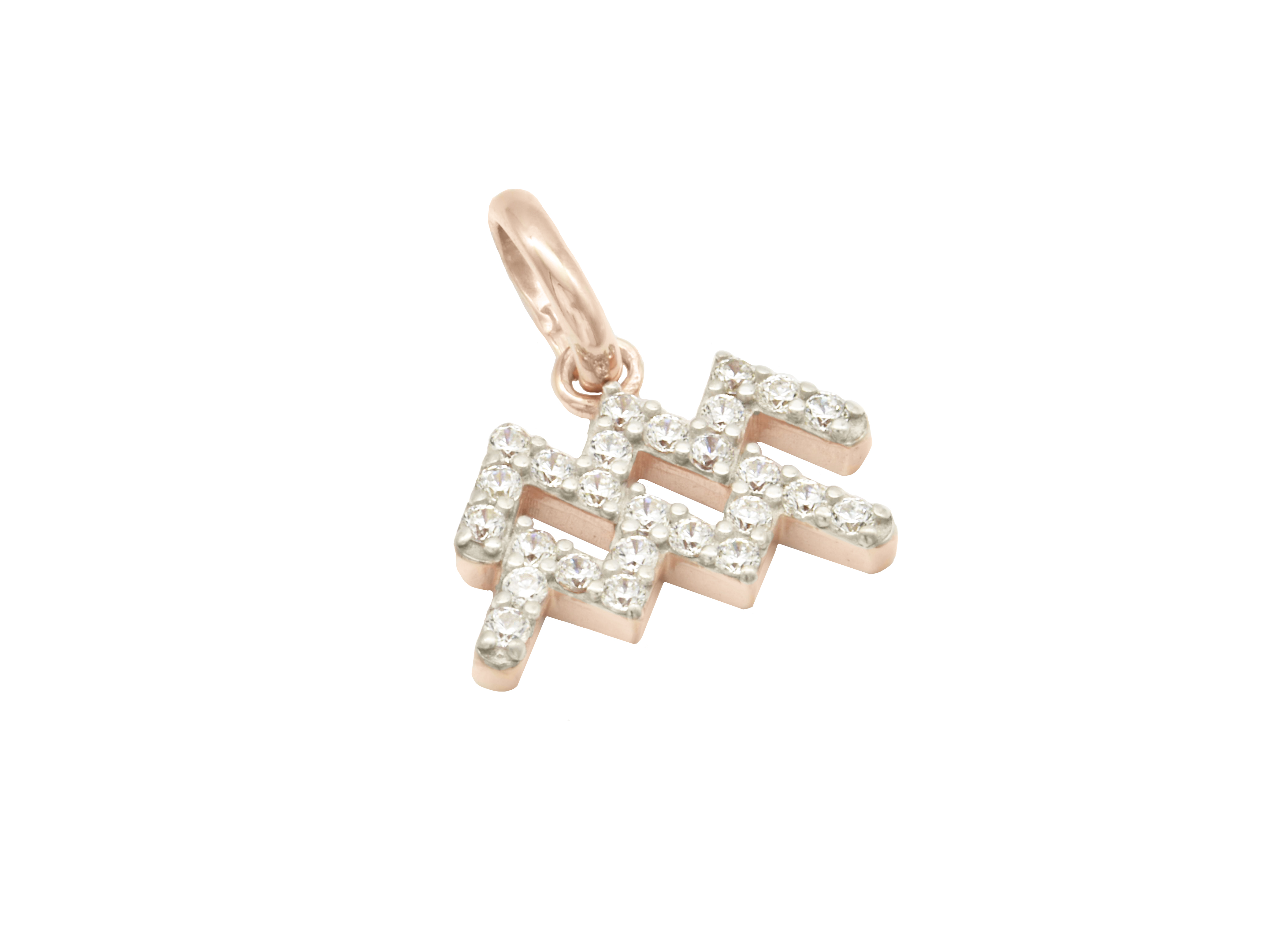 Ein eleganter Anhänger des Sternzeichens Wassermann aus Sterling Silber 925, vergoldet in Roségold und poliert, besetzt mit funkelnden Zirkoniasteinen.