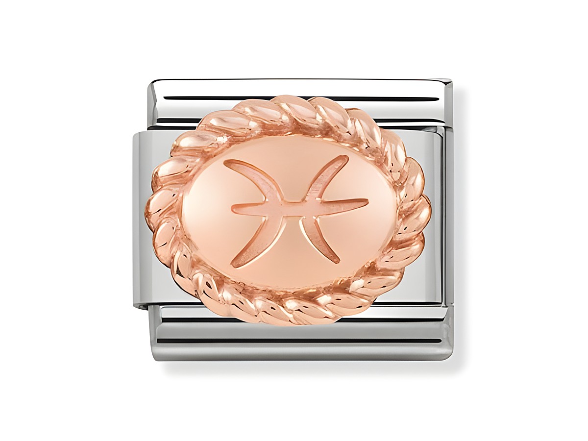 Roséfarbener Anhänger mit dem Sternzeichen Fische in ovaler Form, umgeben von einer schlichten, geflochtenen Umrandung, passend für das Nomination Armband.