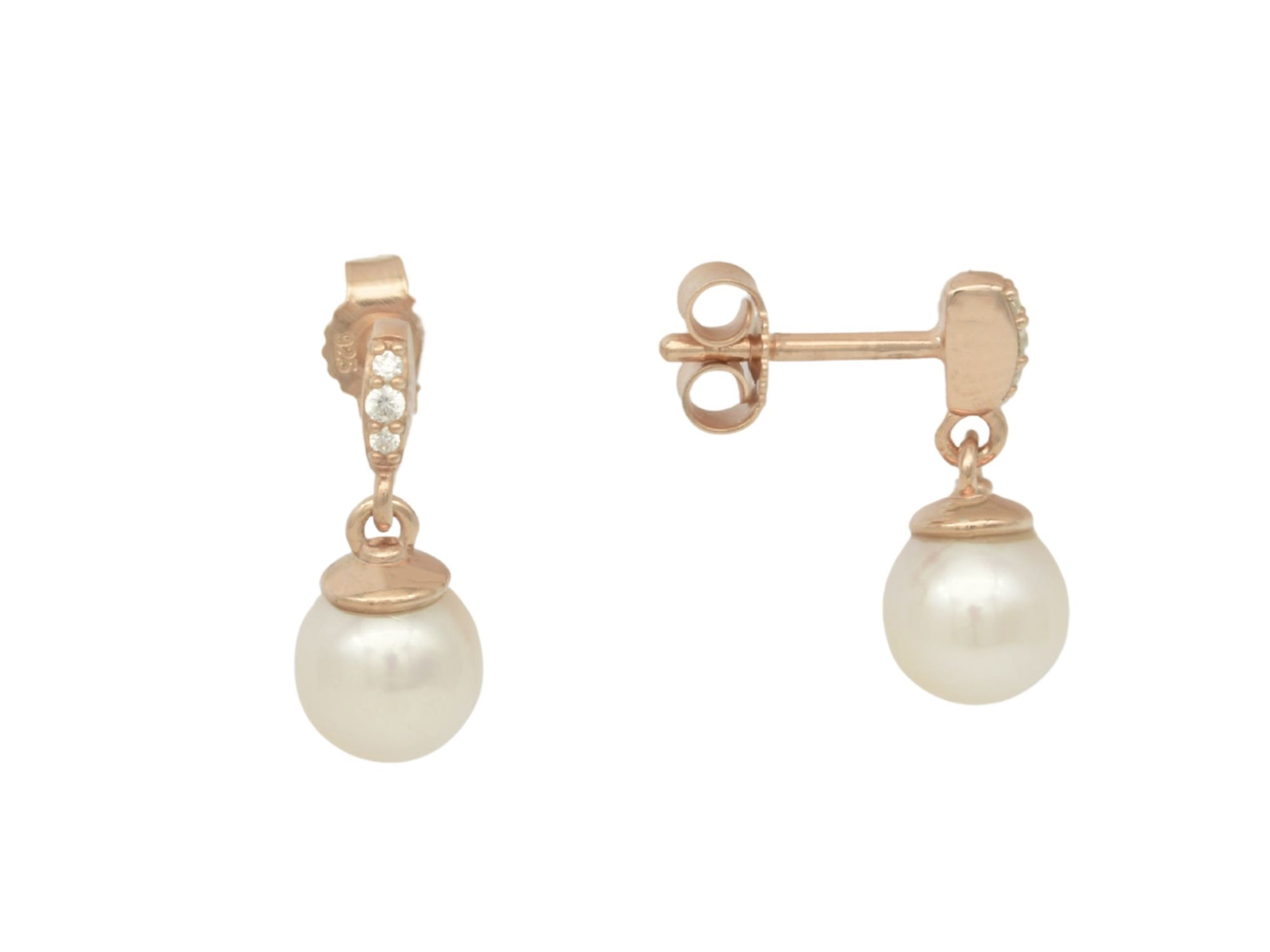 Ohrring Ohrhänger - Sterling Silber Roségold Verg. - Zuchtperle + Zirkonia 6-6,5 mm
