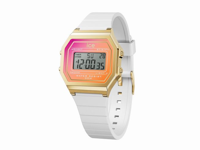 Die Ice Watch Uhr 022720 - ICE digit retro sunset White Sunkissed - Small zeigt ein digitales Ziffernblatt mit goldenen Akzenten und einem weißen Armband, ideal für jeden Anlass.