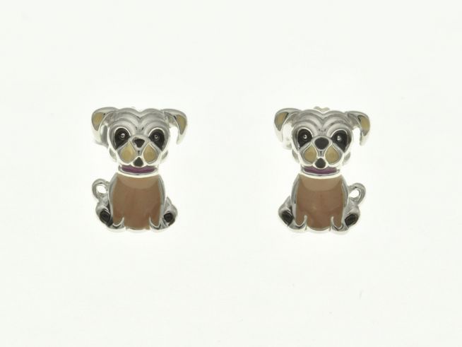 Hündchen Ohrstecker aus rhodiniertem Sterling Silber mit buntem Emaille, hergestellt von Juwelier Harnisch, ideal für Kinder.