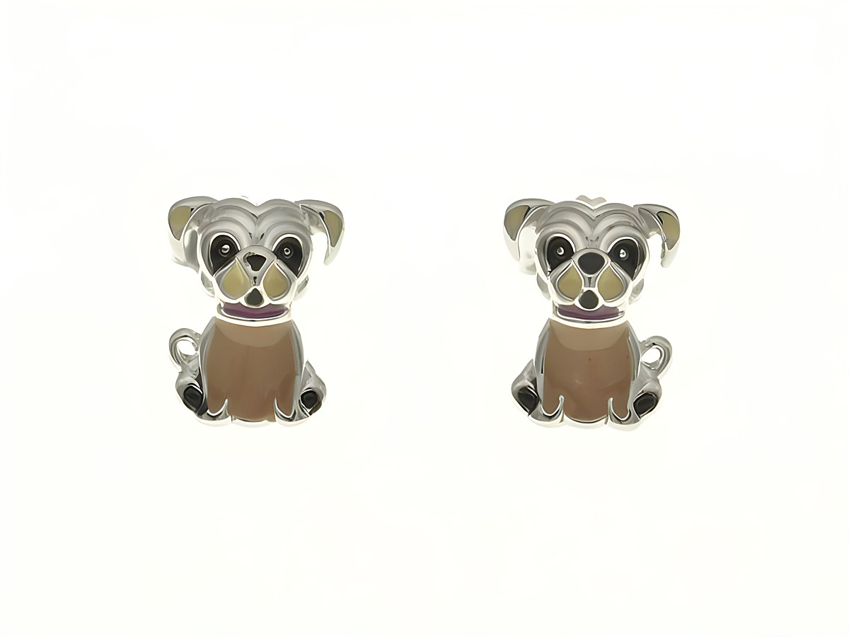 Hündchen Ohrstecker aus rhodiniertem Sterling Silber mit buntem Emaille, hergestellt von Juwelier Harnisch, ideal für Kinder.