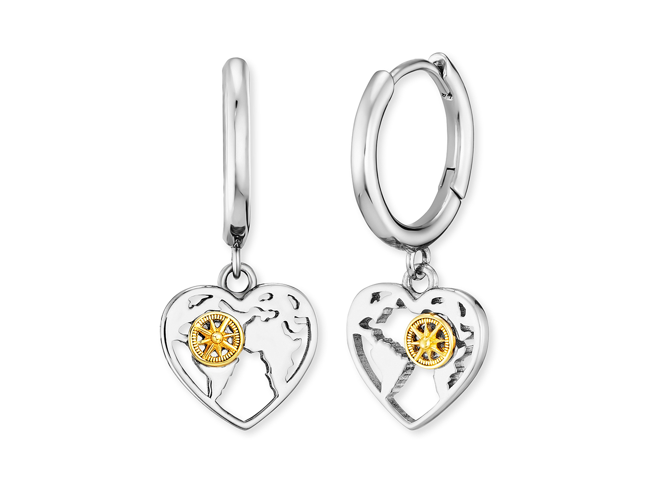 Die Ohrringe von Engelsrufer zeigen ein bicolores Design in Gelbgold und Silber, mit einem Herzmotiv und einem goldenen Kompass, perfekt für einen stilvollen Akzent.