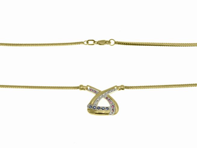 Collierkette aus 375 Gelbgold und Weißgold mit einem eleganten Mittelteil, verziert mit Rubin, Saphir und Zirkonia, Länge 42 cm, Hersteller Juwelier Harnisch.