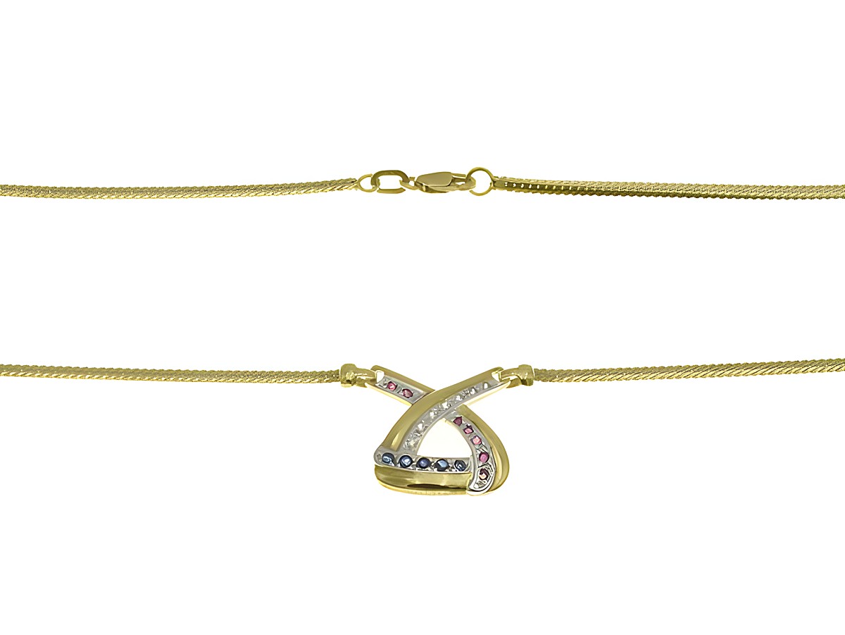 Collierkette aus 375 Gelbgold und Weißgold mit einem eleganten Mittelteil, verziert mit Rubin, Saphir und Zirkonia, Länge 42 cm, Hersteller Juwelier Harnisch.