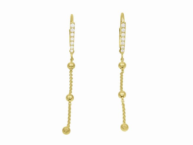 Ohrhänger aus Sterling Silber, vergoldet in Gelbgold poliert, mit Zirkonia Steinen in Weiß und Kugelkettchen mit einer eleganten Gestaltung, gefertigt von Juwelier Harnisch.