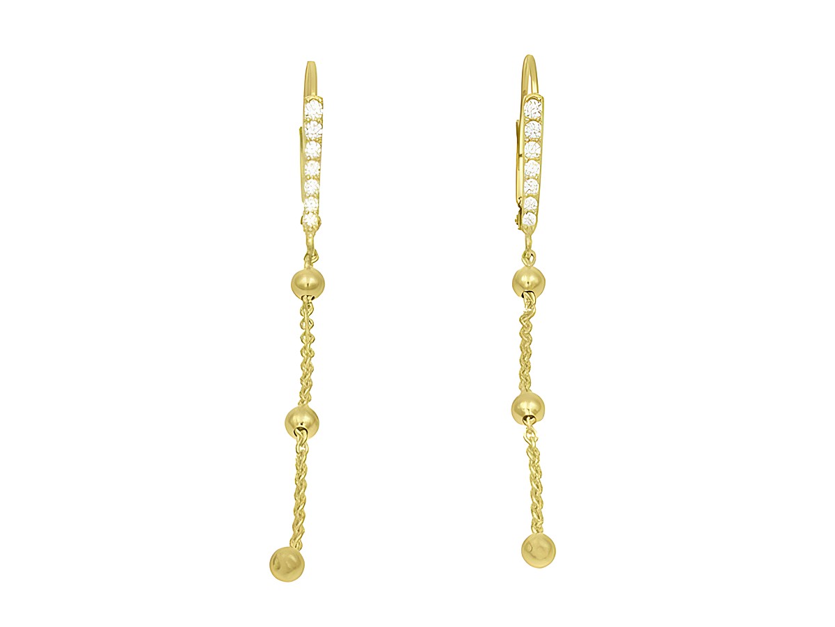 Ohrhänger aus Sterling Silber, vergoldet in Gelbgold poliert, mit Zirkonia Steinen in Weiß und Kugelkettchen mit einer eleganten Gestaltung, gefertigt von Juwelier Harnisch.