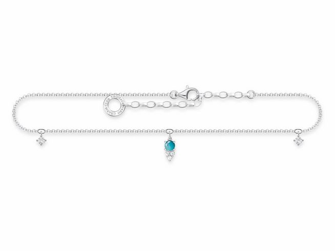 Thomas Sabo Fußkette aus Sterling Silber mit imitiertem Türkis und Zirkonia in türkis, Länge von 22 bis 27 cm, elegant und stilvoll mit glitzernden Elementen.