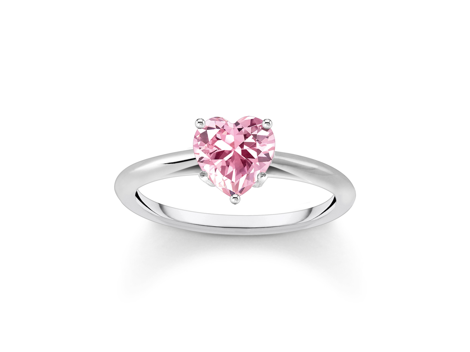 Der Thomas Sabo Herzring aus Silber zeigt einen großen, pinken Zirkonia in Herzform, elegant gefasst und ideal als romantisches Schmuckstück für besondere Anlässe.