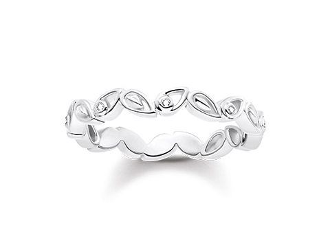 Schmaler Ring aus sterling Silber mit Blätterdesign und Zirkonia, Modell D_TR0024-725-21-50 von Thomas Sabo in Größe 50. Elegant und zeitlos.