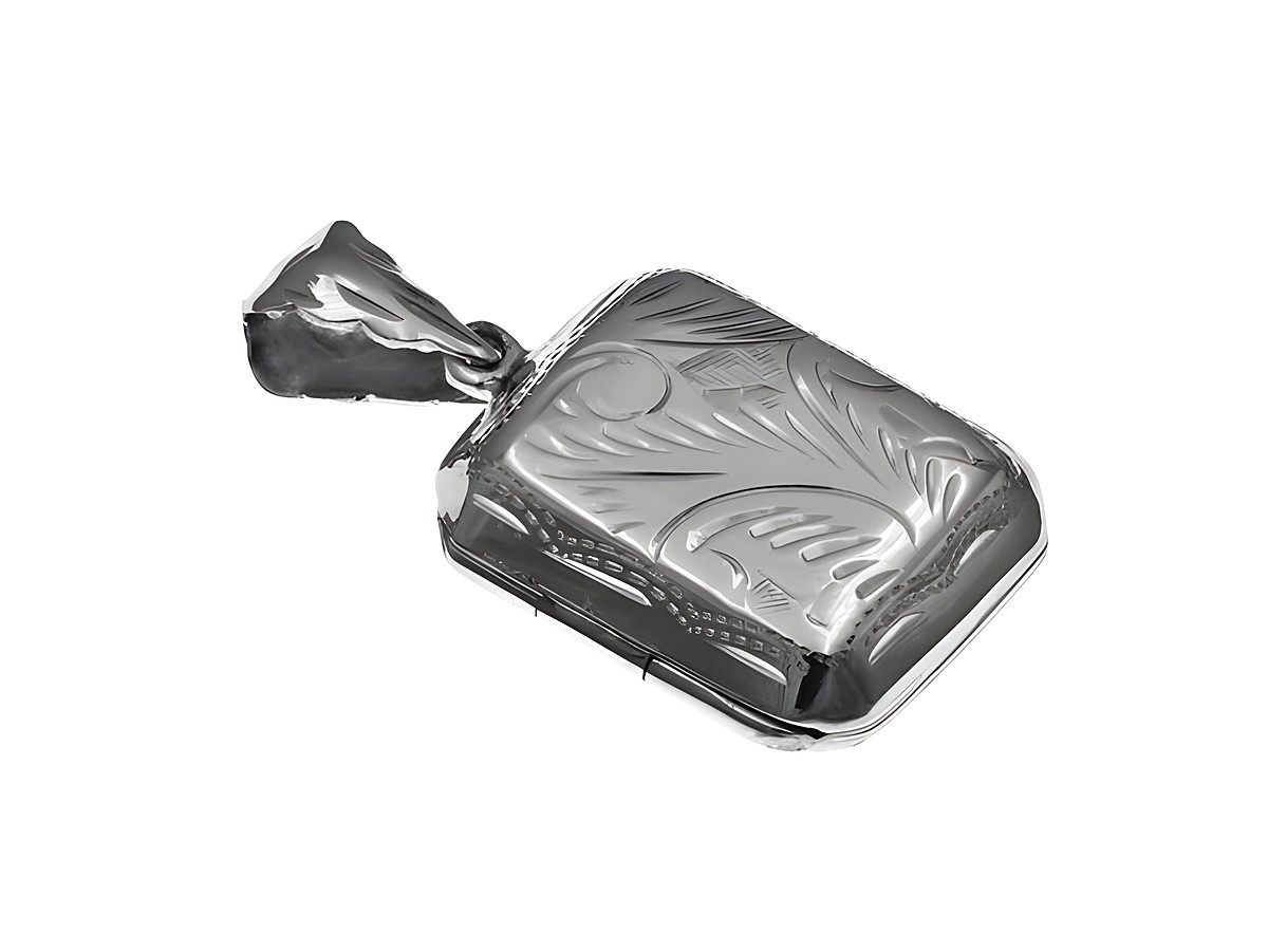 Eckiges Sterling Silber Medaillon mit kunstvoller Gravur und einem Anhänger, Durchmesser 24 mm, hergestellt von Juwelier Harnisch.