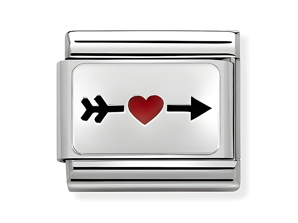 Armbandglied aus silbernem Edelstahl mit einem roten Herz und einem Pfeil in Schwarz, produziert von Nomination, Motiv ist Liebe. Ideal für persönliche Schmuckstücke.
