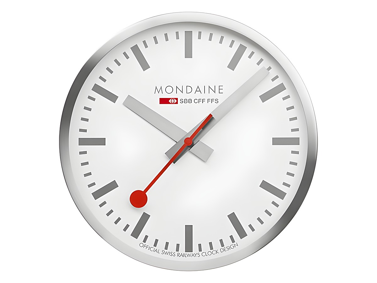 Mondaine Clocks A995.CLOCK.17SBV Wanduhr mit weißem Zifferblatt, silbernem Gehäuse und roter Zeiger. Durchmesser 40 cm, modernes Design, offizielle Schweizer Bahnhofsuhren.