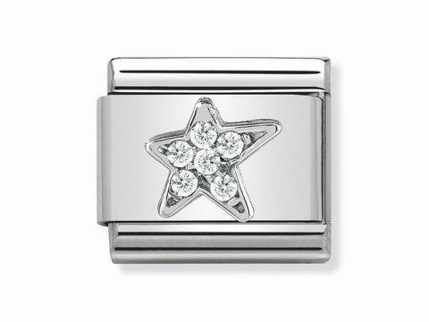Silberne Nomination Classic Asymmetrische Stern Schmuckelement mit funkelnden Kristallen, kreativ gestaltet für trendige Armbänder und individuelle Styles.