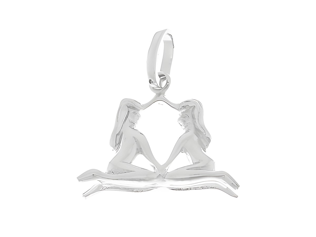 Zwei stilisierte Figuren im Zwillinge-Sternzeichen-Design aus 925 Sterling Silber poliert, Hersteller Juwelier Harnisch, geeignet als Schmuckanhänger.