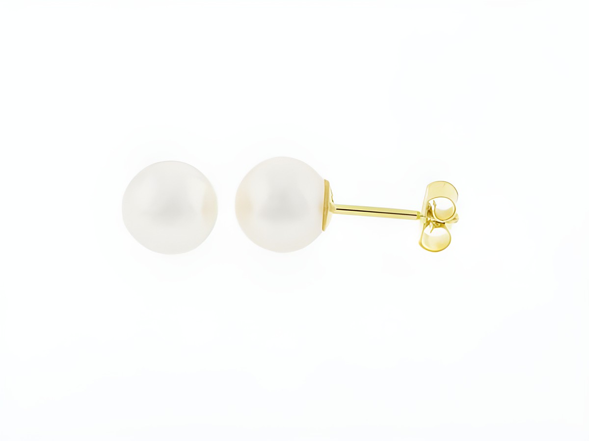 Gold Perlen Ohrringe aus 333 Gold mit 7 mm Süßwasser Zuchtperlen, Hersteller Juwelier Harnisch, elegante Schmuckstücke für jeden Anlass.