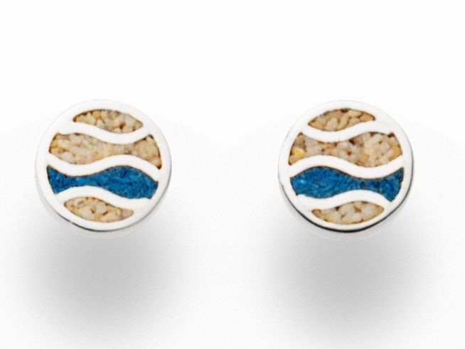 Runde DUR Ohrringe aus Sterling Silber mit Wellenmotiv in Blau und Beige, inspiriert von Strand und Meer, ideal für einen sommerlichen Look.