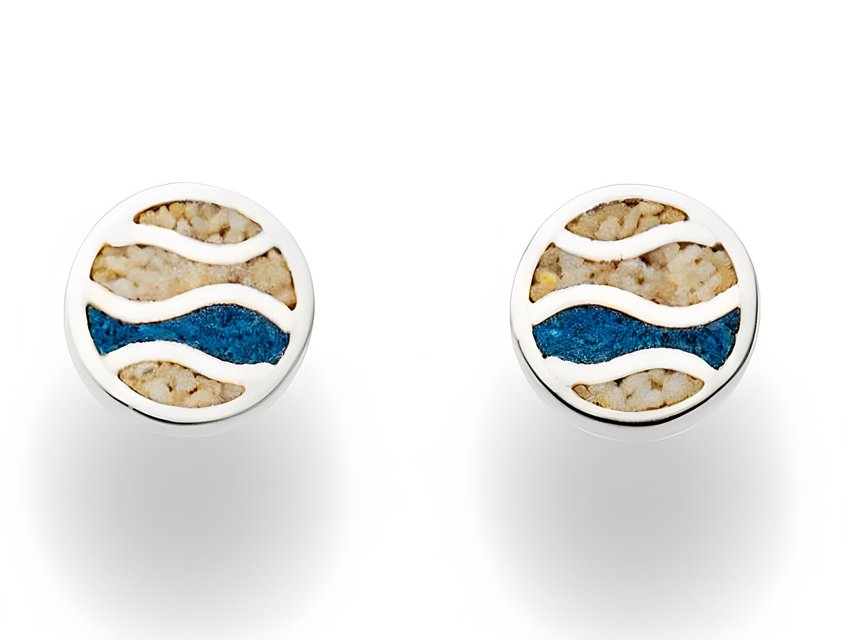 Runde DUR Ohrringe aus Sterling Silber mit Wellenmotiv in Blau und Beige, inspiriert von Strand und Meer, ideal für einen sommerlichen Look.