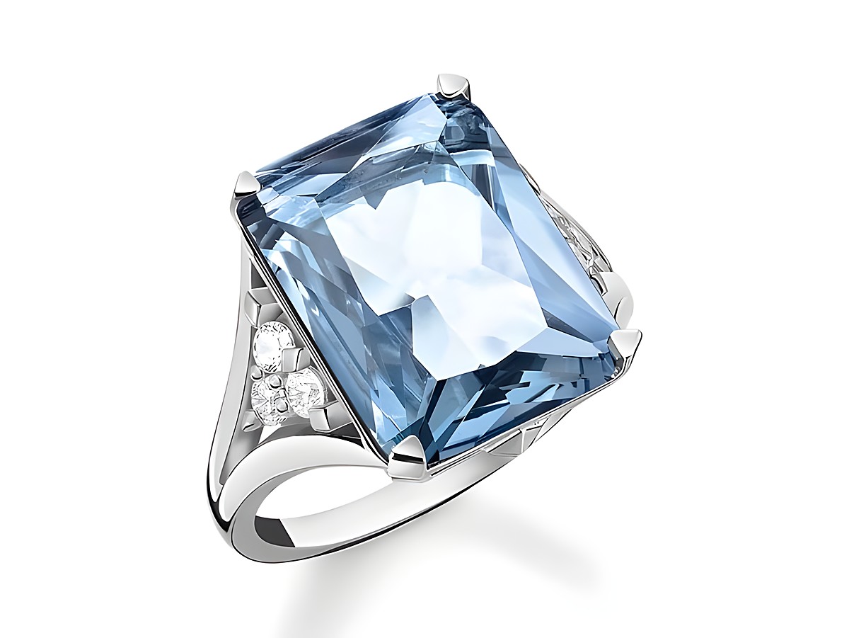 Silberner Ring von Thomas Sabo mit blauem, oktogonalen synthetischen Spinell und Zirkonia, Größe 48, elegant und funkelnd, ideal für besondere Anlässe.