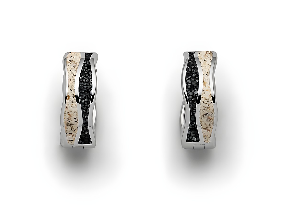 DUR Schmuck O5336 - Sterling Silber Ohrringe Creole Welle mit Strandsand und Lavasand, elegantes Design, glänzende Oberfläche und geschwungene Form, ideal für jeden Anlass.
