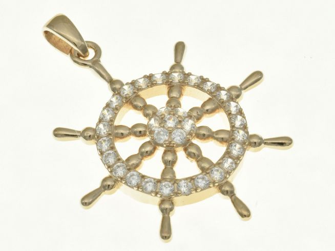 Schiffsrad Anhänger aus Sterling Silber, rosegold vergoldet, verziert mit funkelnden Zirkonia, hergestellt von Juwelier Harnisch, ideal für maritime und seefahrtsbegeisterte Schmuckliebhaber.