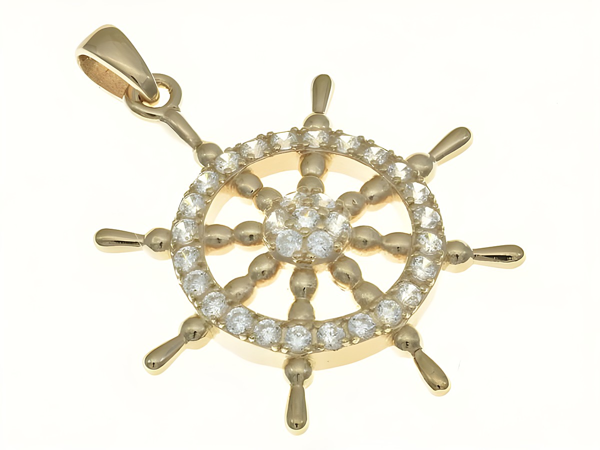 Schiffsrad Anhänger aus Sterling Silber, rosegold vergoldet, verziert mit funkelnden Zirkonia, hergestellt von Juwelier Harnisch, ideal für maritime und seefahrtsbegeisterte Schmuckliebhaber.