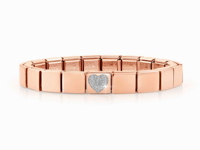423910402-0 Elegantes Armband aus Edelstahl in Roségold mit einem glitzernden Herzen in Silber, der perfekte Schmuck für besondere Anlässe und Alltagslooks, Hersteller: Nomination.