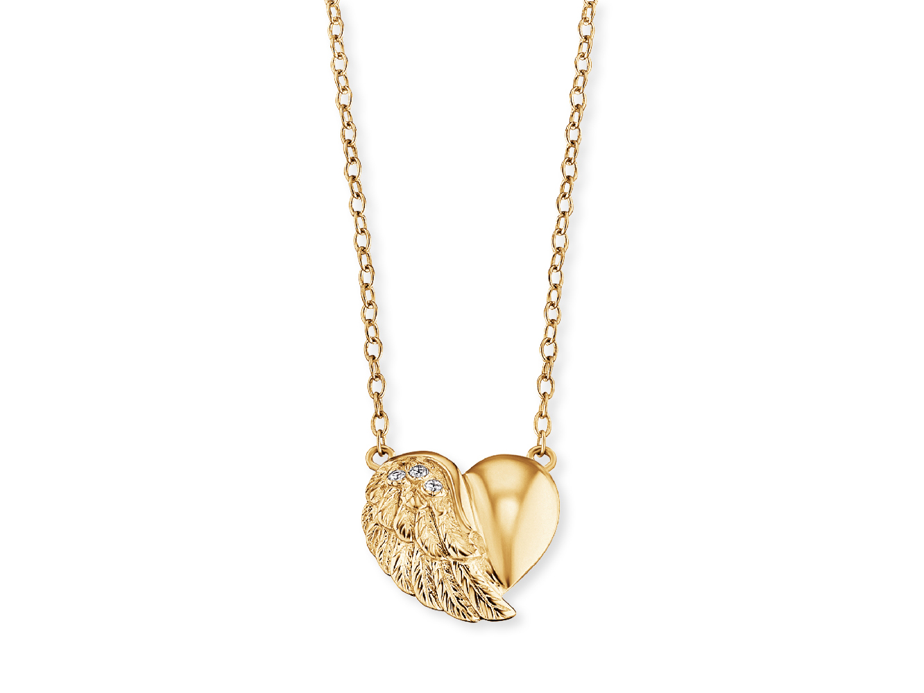 Kette mit Anhänger in Herz- und Flügel-Design aus gelbgold vergoldetem Silber mit Zirkonia, Hersteller Engelsrufer, Länge 40 cm.