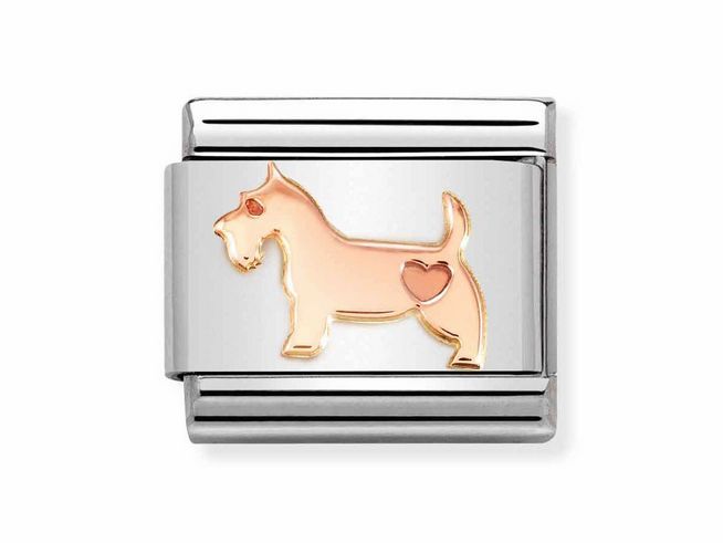 Edelstahlarmbandglied mit einem stilisierten Hund in Roségold 375, der ein Herz symbolisiert, Teil der Classic Symbole Kollektion von Nomination.