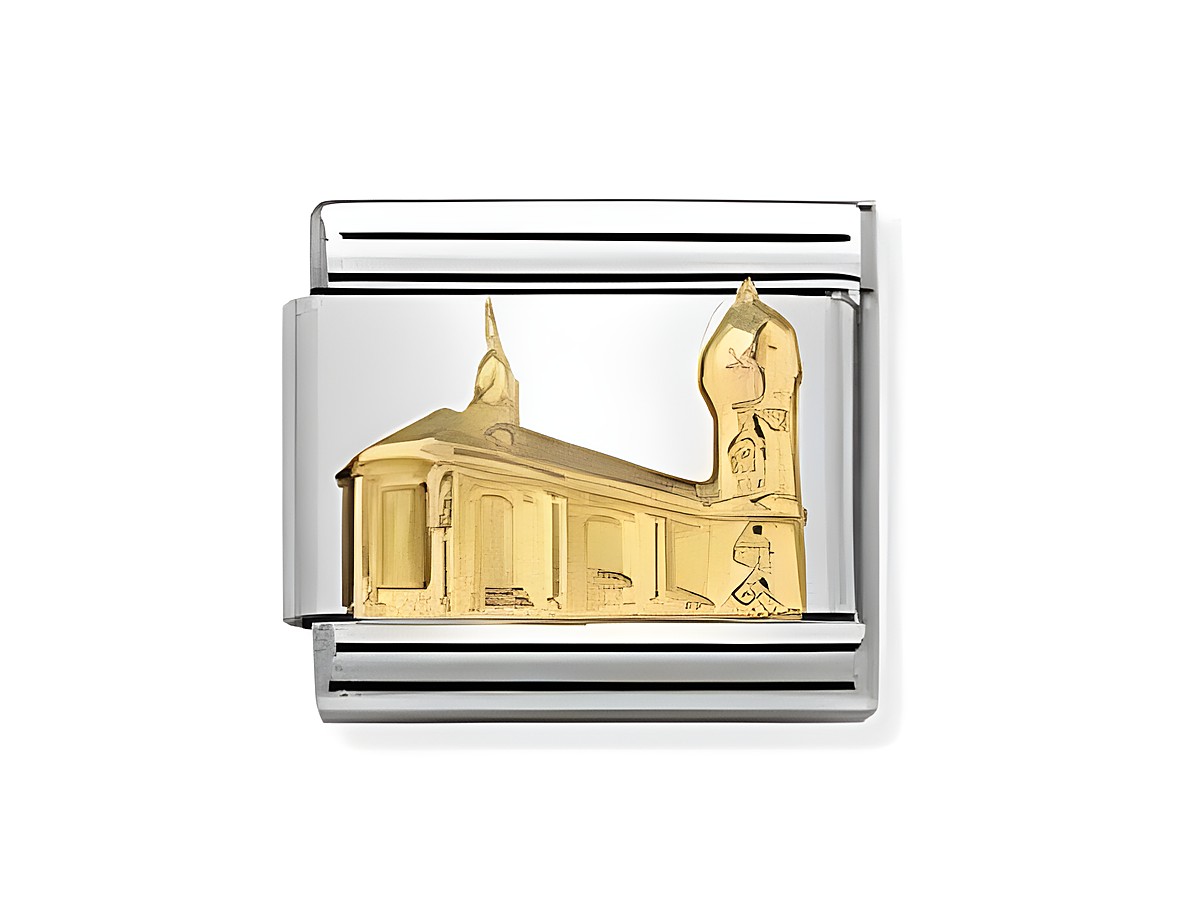 Das Bild zeigt ein goldfarbenes Charm mit einer stilisierten Abbildung der Wartburg auf silbernem Hintergrund. Das Design vermittelt ein Gefühl von Eleganz und historischer Bedeutung.