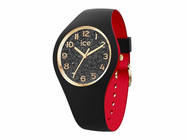 Elegante Ice watch 022326 ICE loulou Black glitter chic in Schwarz mit glitzerndem Ziffernblatt und goldfarbener Uhrzeit, verziert mit einem roten Armband in kleinem Format.