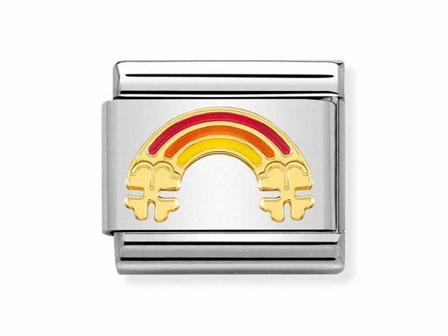 Hochwertiger Charm von Nomination in Gelbgold mit buntem Emaille-Motiv eines Regenbogens, ideal zum Personalisieren von Armbändern, strahlt Freude und Farbe aus.