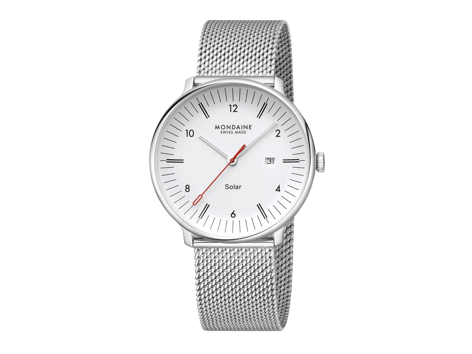 Elegante Mondaine Doppio Big Solar Uhr mit einem weißen Zifferblatt, roten Akzenten und einem 41 mm Gehäuse aus Edelstahl, ausgestattet mit einem stilvollen Milanaise Armband.