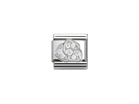 Zierliches Charm aus Edelstahl mit einem geschwungenen Rosendesign, verziert mit funkeltenden Zirkonia-Steinen, ideal für eine stilvolle Armband-Kombination.