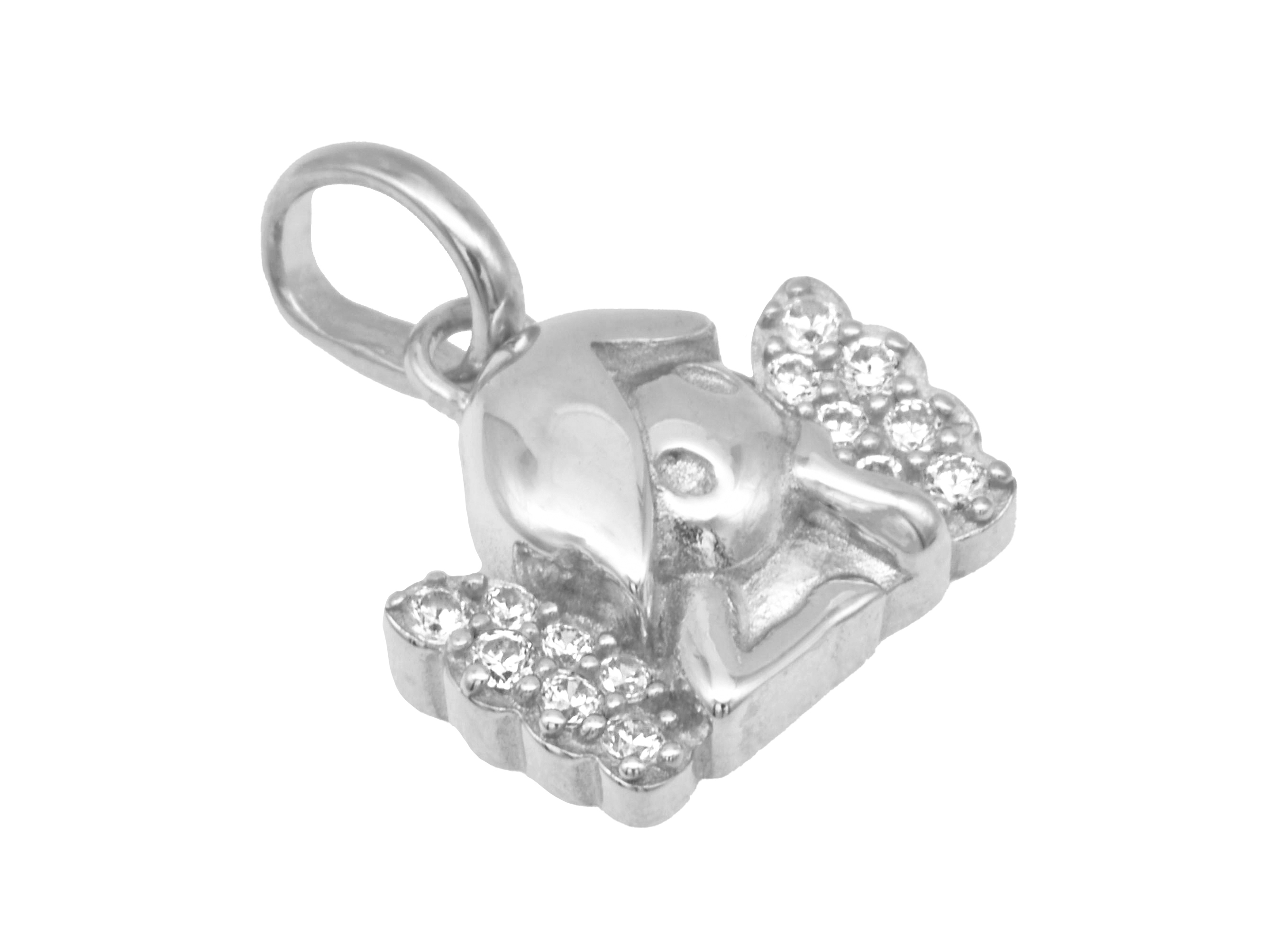 Silber Anhänger Schutzengel aus rhodiniertem Sterling Silber mit polierter Oberfläche und Zirkonia, ausgeführt von Juwelier Harnisch. Der Anhänger zeigt einen detaillierten Engel in ansprechendem Design.