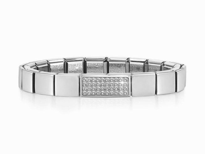423910122-0 Nomination Classic GLAM Armband Edelstahl Silber 239101 22 Double Link WEISS, gefertigt aus hochwertigem Edelstahl mit einer glänzenden Oberfläche und eleganten Zirkonia-Steinen im Mittelpunkt.