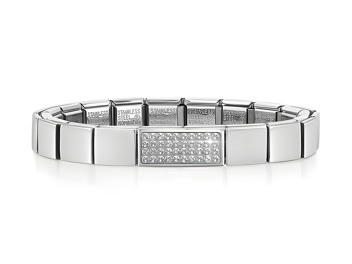 Nomination Classic GLAM Armband Edelstahl Silber 239101 22 Double Link WEISS, gefertigt aus hochwertigem Edelstahl mit einer glänzenden Oberfläche und eleganten Zirkonia-Steinen im Mittelpunkt.