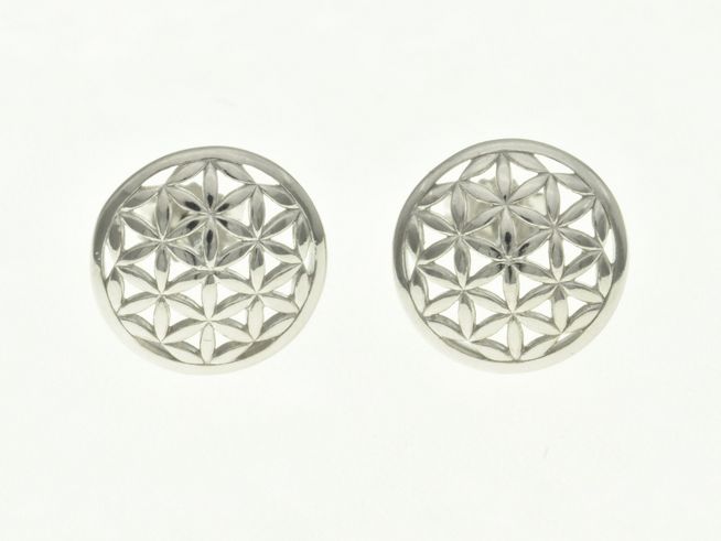 Runde Blumenmuster Ohrstecker aus rhodiniertem Sterling Silber ohne Stein, Hersteller Juwelier Harnisch, elegant und zeitlos im Design.