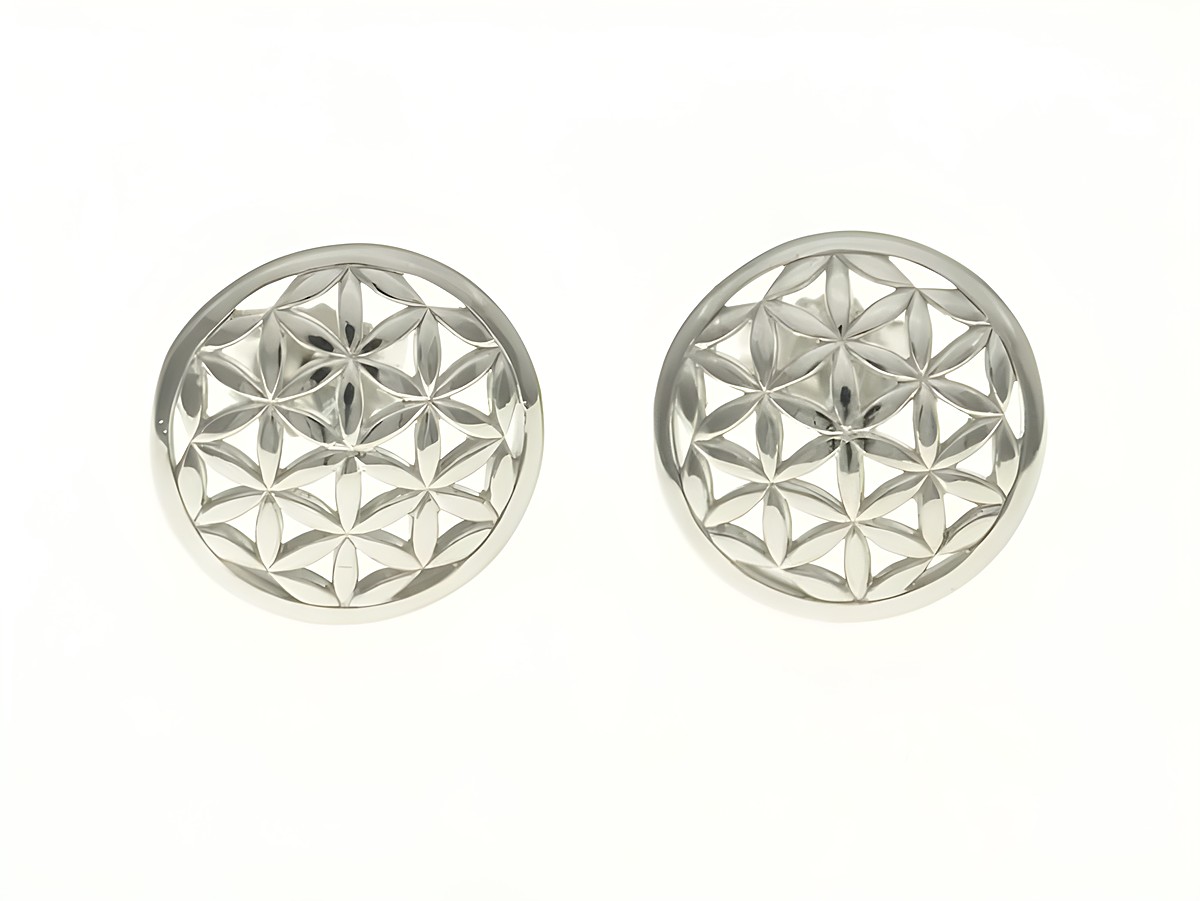Runde Blumenmuster Ohrstecker aus rhodiniertem Sterling Silber ohne Stein, Hersteller Juwelier Harnisch, elegant und zeitlos im Design.