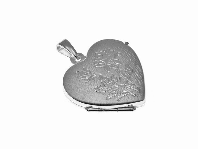 Zartes teilmattiertes Silbermedaillon in Herzform mit floralem Muster, Hersteller Juwelier Harnisch. Ideal als liebevolles Accessoire oder Geschenk.